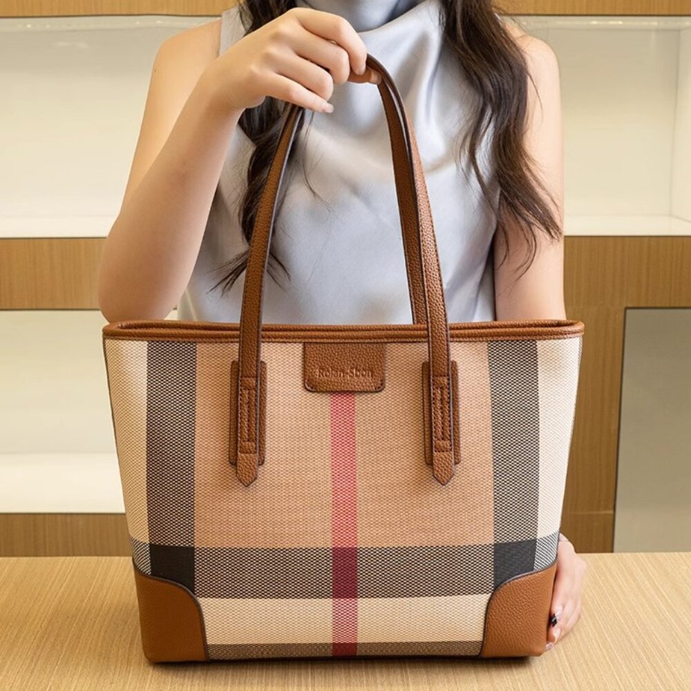 Cowhide Genuine Leather women's bags check large capacity tote bag